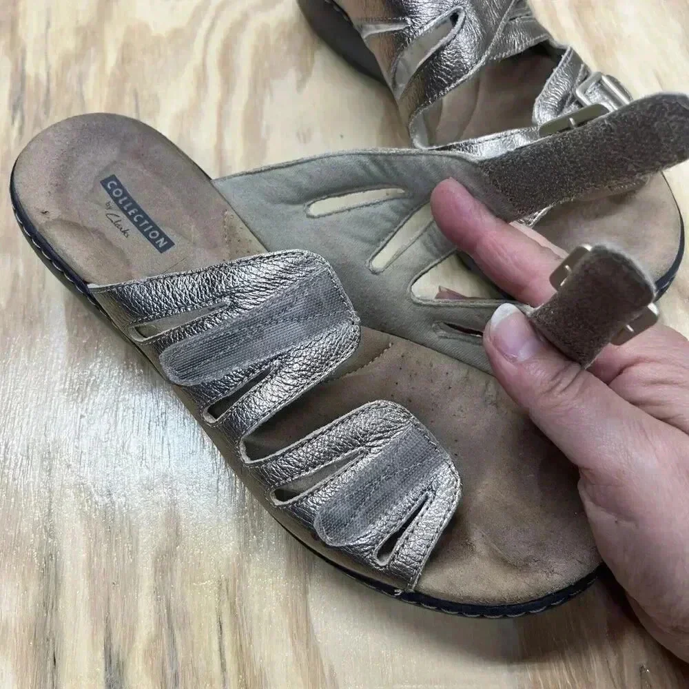 Clarks Collection Women's Slide Sandals Soft Cushion Sz 9.5 Metallic Gold